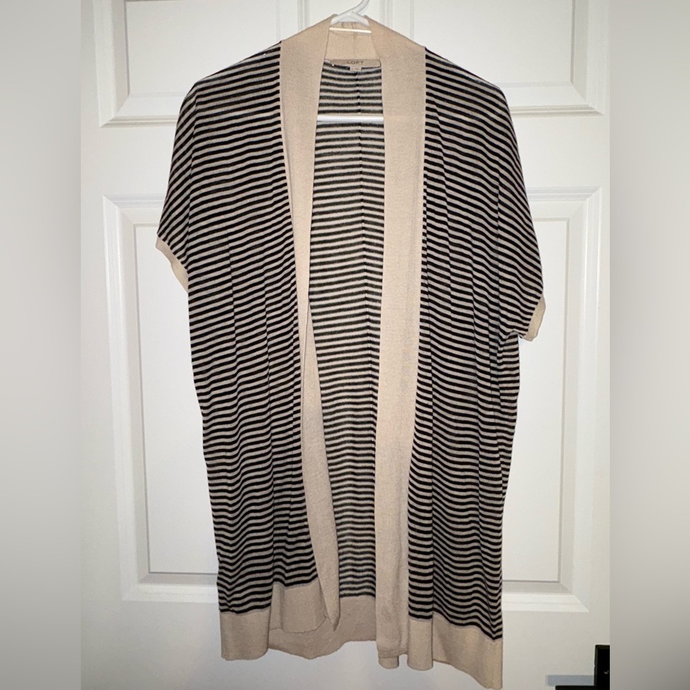 LOFT Striped Black and Tan Open Cardigan